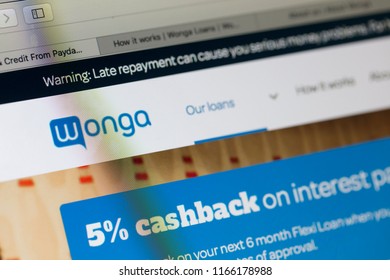 LONDON, UK - AUGUST 28th 2018: Wonga Payday Lender Logo On A Computer Screen. Wonga Is A Payday Loan Company Offering Short-term, High-cost Credit.