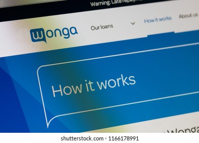 LONDON, UK - AUGUST 28th 2018: Wonga Payday Lender Logo On A Computer Screen. Wonga Is A Payday Loan Company Offering Short-term, High-cost Credit.