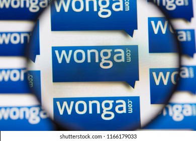 LONDON, UK - AUGUST 28th 2018: Wonga Payday Lender Logo On A Computer Screen. Wonga Is A Payday Loan Company Offering Short-term, High-cost Credit.