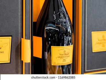 LONDON, UK - AUGUST 31, 2018: Bottle of Veuve Clicquot luxury champagne in liquor store. Close up