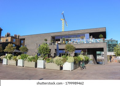 London / UK - August 4 2020: Granary Square, Kings Cross, London - The Lighterman Pub