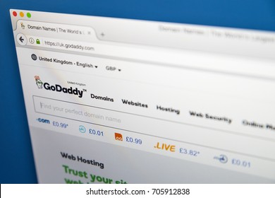 LONDON, UK - AUGUST 7TH 2017: The homepage of the official website for GoDaddy - the American internet domain registrar and web hosting company, on 7th August 2017.