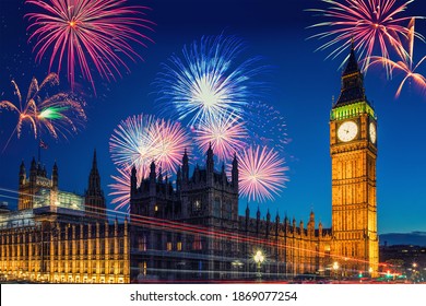 London, UK - Big Ben and Westminster Palace with fireworks during New Year's celebration