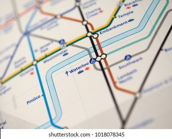 LONDON, UK - CIRCA 2018: map of London Underground tube stations with selective focus on Waterloo