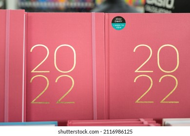 London, UK - Circa 2022:Close-up Of Generic Desk 2020 Diary Showing The Fabric Design And Gold Number Lettering. Located In A Popular High Street Newsagent And Book Store.