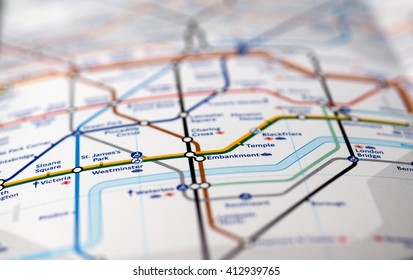LONDON, UK - CIRCA APRIL 2016: Detail of the tube map with selective focus on Westminster, Embankment, Victoria and London Bridge stations
