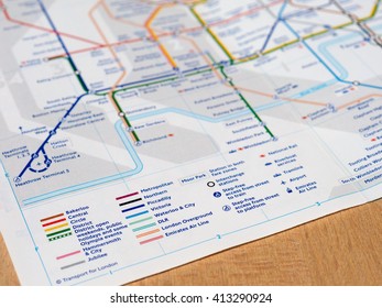 LONDON, UK - CIRCA APRIL 2016: Detail of the tube map with selective focus on key with all lines