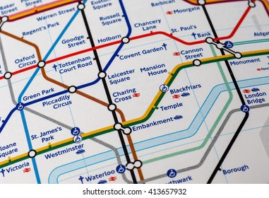 LONDON, UK - CIRCA APRIL 2016: Detail of the tube map with selective focus