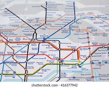 LONDON, UK - CIRCA APRIL 2016: Detail of the tube map with selective focus on Old Street, Liverpool Street and Shoreditch High Street stations