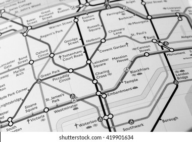 LONDON, UK - CIRCA APRIL 2016: Detail of the tube map with selective focus on Leicester Square, Piccadilly Circus, Westminster, Embankment and Charing cross stations in black and white