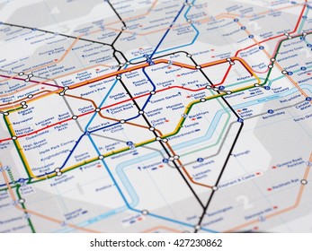 LONDON, UK - CIRCA APRIL 2016: Detail of the tube map with selective focus on central London stations