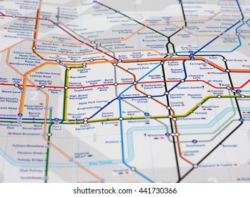 LONDON, UK - CIRCA APRIL 2016: Detail of the tube map with selective focus on central zone 1 station