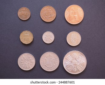 LONDON, UK - CIRCA DECEMBER 2014: Full Range Of Predecimal British Pound Coins, Withdrawn On Decimal Day, I.e. 15 February 1971