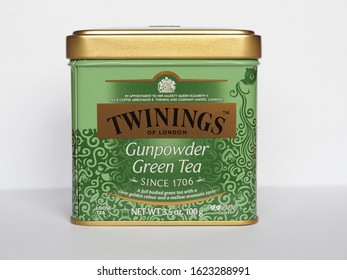 LONDON, UK - CIRCA DECEMBER 2019: Twinings tin of loose Gunpowder Green Tea