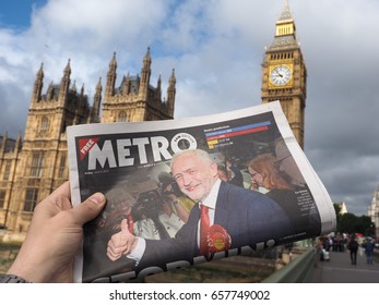 LONDON, UK - CIRCA JUNE 2017: Newspapers showing Jeremy Corbyn (Labour Party) in front of the Houses of Parliament the day following the 8 June general elections that resulted in hung parliament