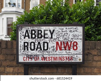 LONDON, UK - CIRCA JUNE 2017: Abbey Road Street Sign Made Famous By The 1969 Beatles Album Cover