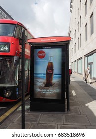 LONDON, UK - CIRCA JUNE 2017: Westminster Abbey Bus Stop With Coca Cola Ad