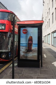 LONDON, UK - CIRCA JUNE 2017: Westminster Abbey Bus Stop With Coca Cola Ad