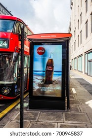 LONDON, UK - CIRCA JUNE 2017: Westminster Abbey Bus Stop With Coca Cola Ad (high Dynamic Range)