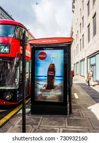 LONDON, UK - CIRCA JUNE 2017: Westminster Abbey Bus Stop With Coca Cola Ad, High Dynamic Range