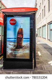 LONDON, UK - CIRCA JUNE 2017: Westminster Abbey Bus Stop With Coca Cola Ad (high Dynamic Range)