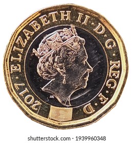 LONDON, UK - CIRCA MARCH 2021: 1 pound coin money (GBP), currency of United Kingdom