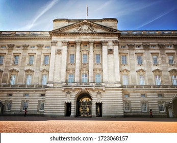 LONDON, UK - CIRCA OCTOBER 2018: Bright and colorful view of the Principal facade, aka the East Front. Residence and administrative headquarters of the Monarchy of the United Kingdom. Queen’s Palace