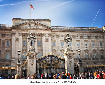 LONDON, UK - CIRCA OCTOBER 2018: Bright and colorful view of the Principal facade, aka the East Front. Residence and administrative headquarters of the Monarchy of the United Kingdom. Queen’s Palace