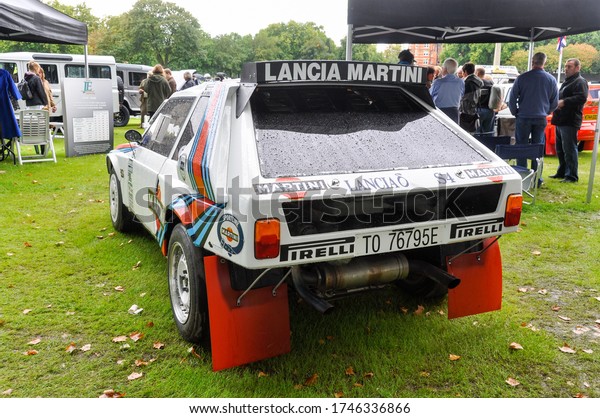 LONDON, UK - CIRCA SEPTEMBER 2011: A\
Lancia Delta S4 at Chelsea Autolegends. The Lancia Delta S4 was a\
Group B rally car, here with a Martini\
livery.