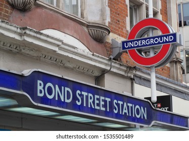 LONDON, UK - CIRCA SEPTEMBER 2019: Bond Street Tube Station Sign