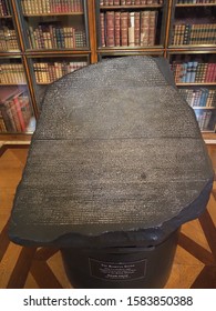 LONDON, UK - CIRCA SEPTEMBER 2019: Rosetta Stone Stele At The British Museum With Text In Ancient Egyptian Hieroglyphic, Demotic Scripts And Ancient Greek