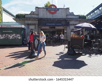 LONDON, UK - CIRCA SEPTEMBER 2019: Embankment Tube Station