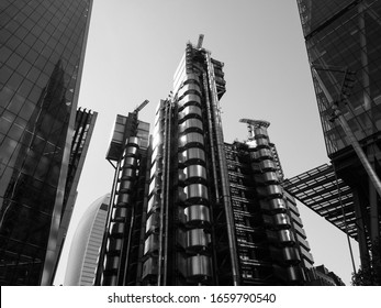 LONDON, UK - CIRCA SEPTEMBER 2019: Lloyd of London high tech skyscraper designed by architect Richard Rogers in black and white