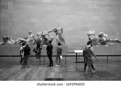 LONDON, UK - CIRCA SEPTEMBER 2019: Parthenon Sculptures At The British Museum In Black And White