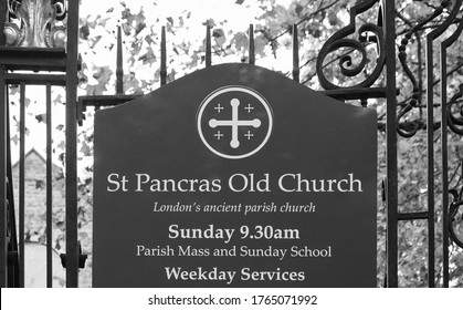 LONDON, UK - CIRCA SEPTEMBER 2019: St Pancras Old Church Sign In Black And White