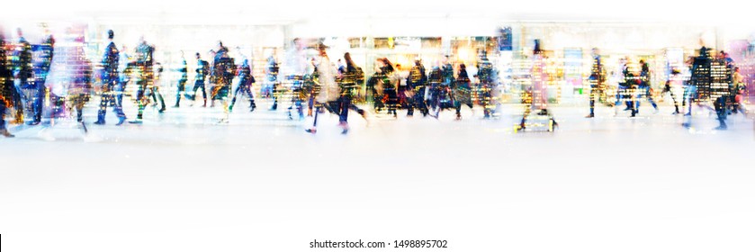 London, UK. Crowd Of People Walking At Work In Early Morning. Concept Wide Background With  Space For Text. Multiple Exposure Image