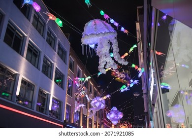 LONDON, UK - DECEMBER, 01 2019: Christmas Street Decorations At Seven Dials In Covent Garden Area Attract Thousands Of People During The Festive Season And Are A Major Tourist Attraction In London