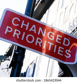 London UK, December 01 2020, Changed Priorities Warning Road Sign For Motorists And Pedestrians