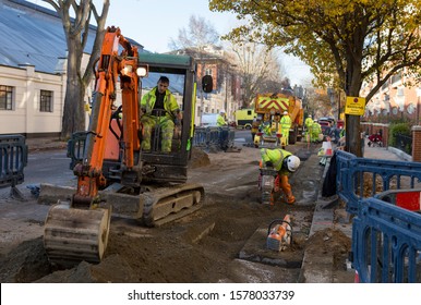 London, UK - December 03, 2019: Workers Doing Road Maintenance On A Residential Area