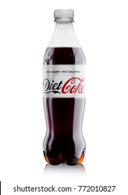 LONDON, UK -DECEMBER 07, 2017: Bottle of Diet Coca-Cola on white Background. Coca-Cola is one of the most popular soda products in the world.