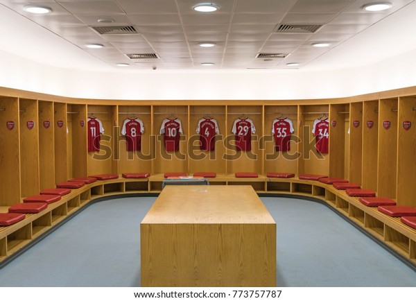 LONDON, UK - December 12, 2017: FC\
Arsenal London changing cubicle in the Emirates\
Stadium