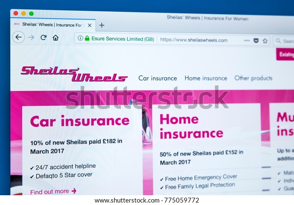 LONDON, UK - DECEMBER\
14TH 2017: The homepage of the official website for Sheilas Wheels\
- the car insurance brand that targets its insurance to women, on\
14th December 2017.