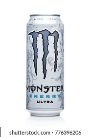 LONDON, UK - DECEMBER 15, 2017: A can of Monster Energy Drink ultra on white background. Introduced in 2002 Monster now has over 30 different drinks with high a caffeine content.