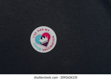 London, UK - December 17, 2021: Close Up Of NHS Vaccination Programme I've Had My Covid Vaccine Sticker On A Black Sweatshirt, Received After Successful Covid-19 Vaccination.