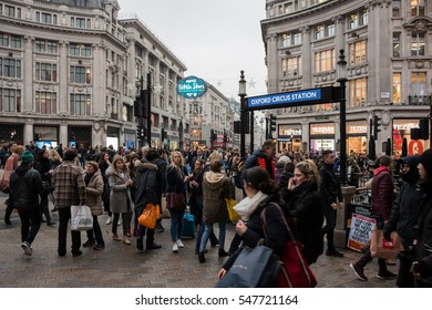 LONDON, UK - DECEMBER 19, 2016: Very Busy Oxford Circus In A Christmas Period