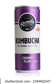 LONDON, UK - DECEMBER 20, 2019: Aluminium Can Of Remedy Kombucha Drink With Cherry And Plum On White.