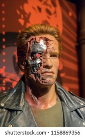 London, UK - December 2015: Madame Tussaud’s Waxwork Museum, Arnold Schwarzenegger, The Terminator, Lifelike Model