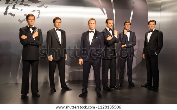 London, UK - December 2015: Madame Tussaud’s Waxwork Museum, all the James Bond Actors on Display