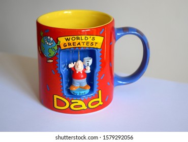 London UK December 2019: Funny Mug Design World Greatest Dad On Light Background.