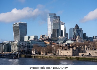 London UK - December 2020 : London Cityscape With Tower Of London And  The Modern City Of London Skyline